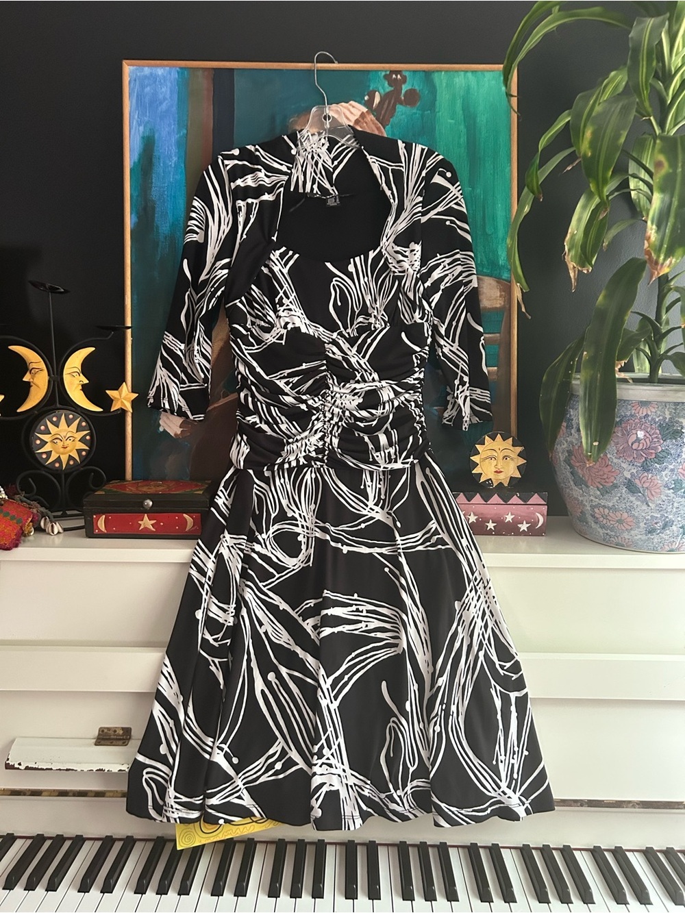 Y2K J’Adore Black White Abstract Twist Front Midi Dress 2000s Women’s Size 10